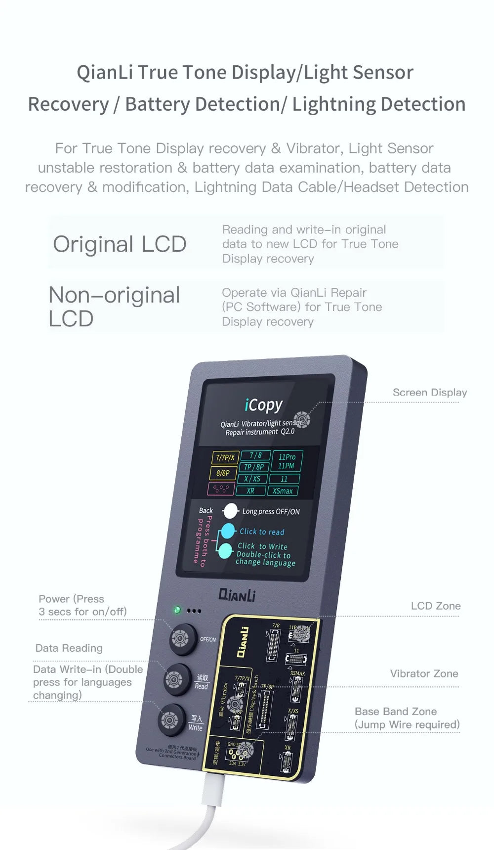 Qianli iCopy Plus 2.3v 2025 LCD Ture Tone Virbrator EEPROM Programmer Battery Testing Board Headset For iPhone 7- 11 12Pro Max
